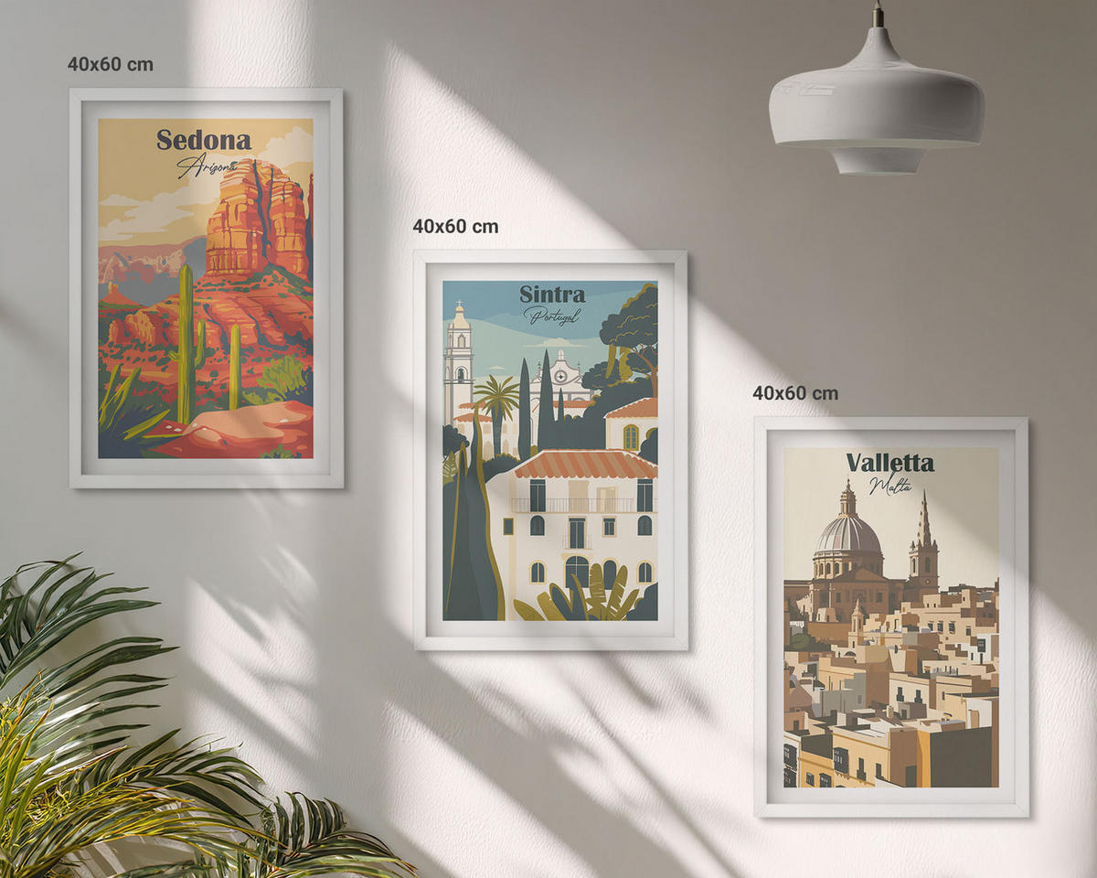 BILDER SET 3er Set - 40x60 cm Weißer Rahmen - Ansichten Sedona Sintra Valletta Retro - Weiß, Kunststoff (40/60cm) - TULUP