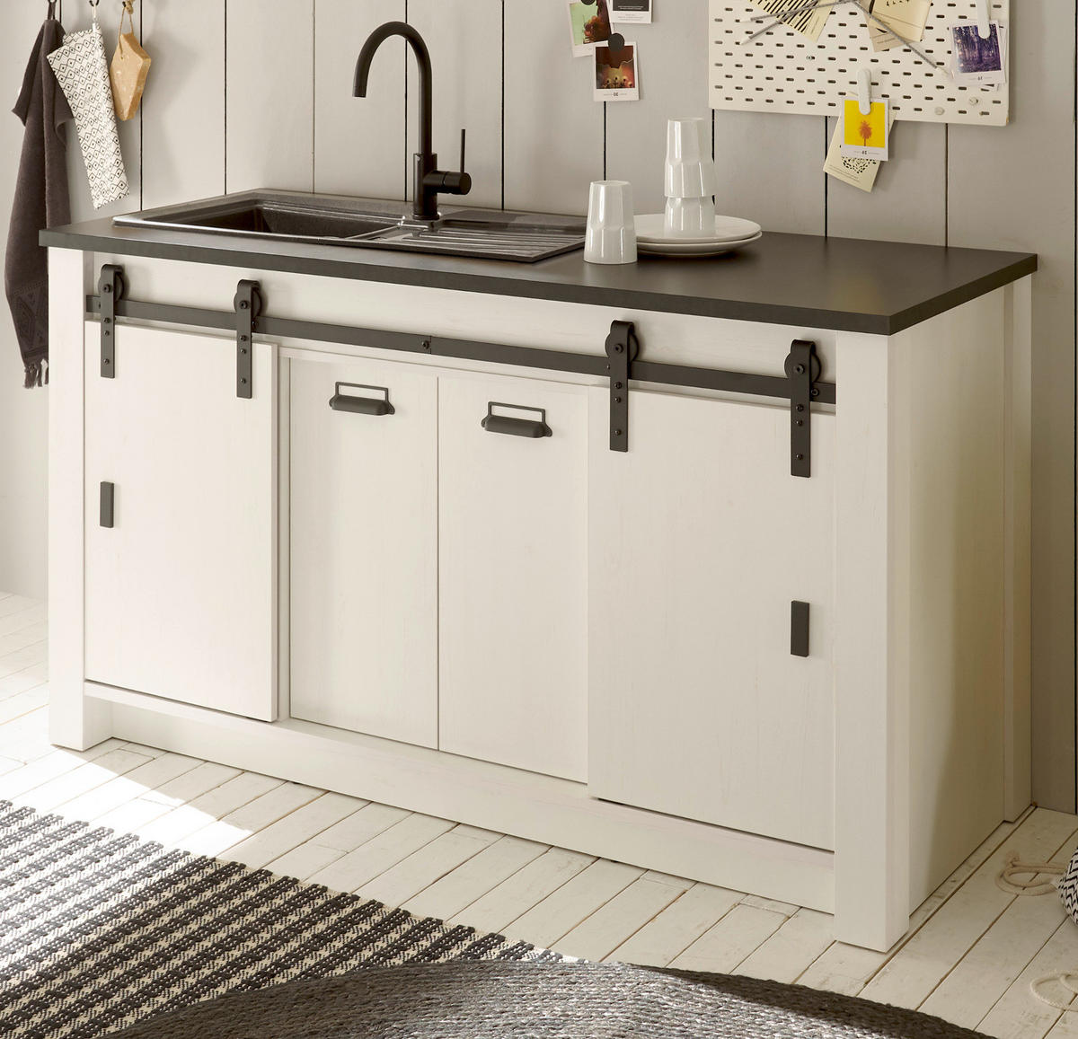 KÜCHEN-SET weiß Pinie, anthrazit 4-teilig, Küchenschrank Set im Landhaus-Stil - Anthrazit/Schwarz, Glas/Holzwerkstoff (161/201/64cm) - Furn.Design