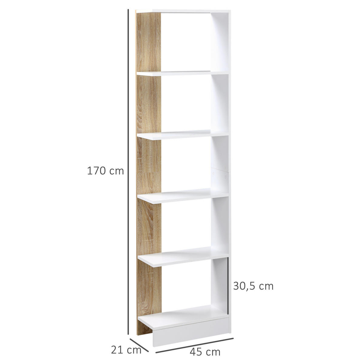 REGAL DE-15473 45/21/170 cm, 5 offene Fächer Weiß/Eiche - Weiß, Holzwerkstoff (21/170/45cm) - ComfortXL