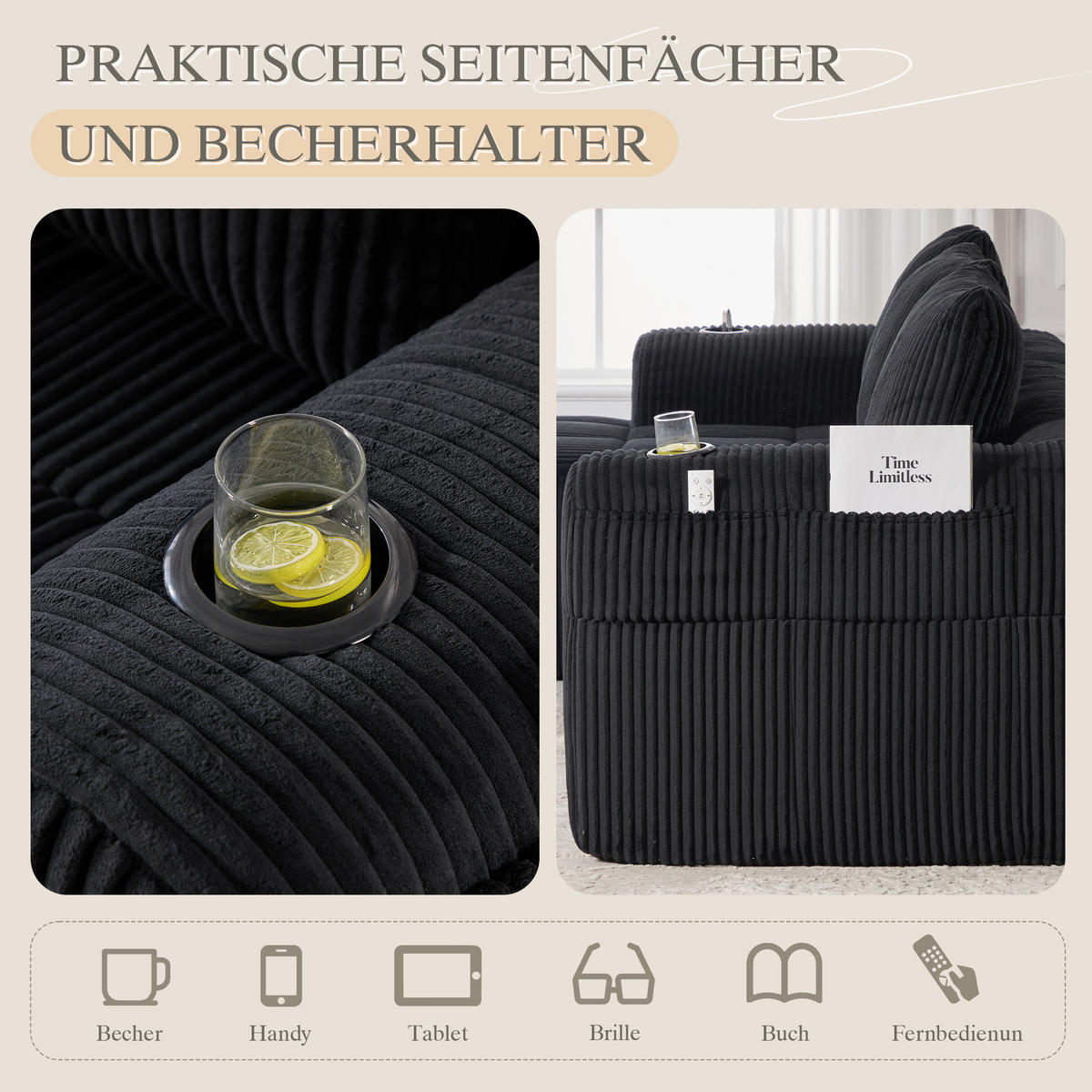 ECKSOFA 3-Sitzer mit Getränkehalter, Seitentaschen & 3 Kissen - Schwarz, Textil (253/158cm) - Urban Meuble