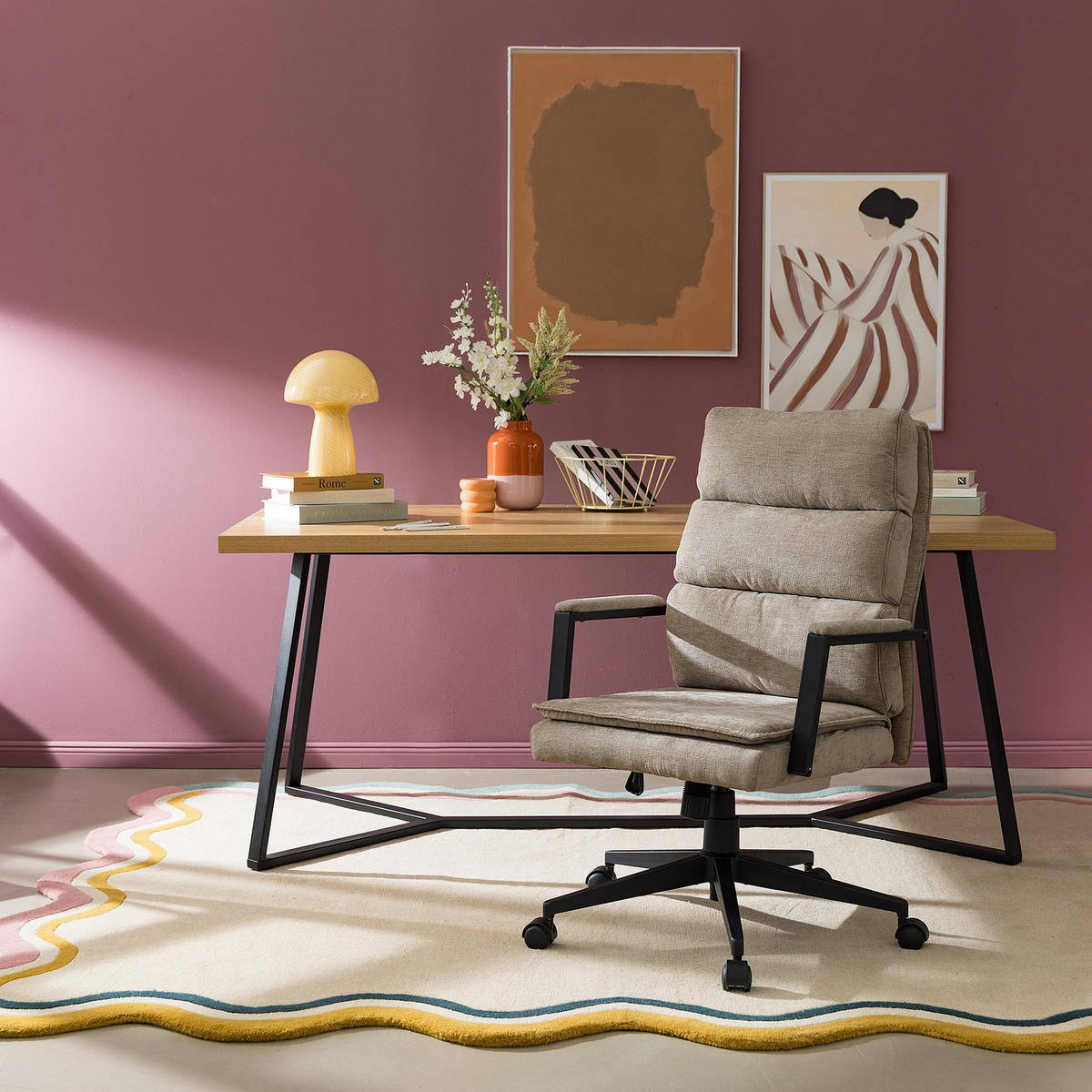 BÜRODREHSTUHL - Strukturstoff / Eisen - Taupe/Schwarz, Textil/Metall (61/110/73cm) - home24