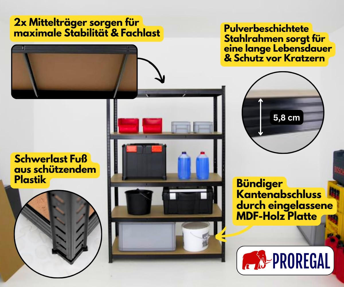 SCHWERLASTREGAL Taurus 180x120x60 cm Fachlast 175 kg Schwarz - Schwarz, Metall (120/180/60cm) - PROREGAL