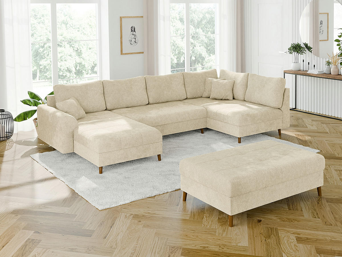 WOHNLANDSCHAFT inkl. Hocker Sigurd Beige Chenille - Beige/Braun, Holz/Textil (310/81/161cm) - S-Style Möbel
