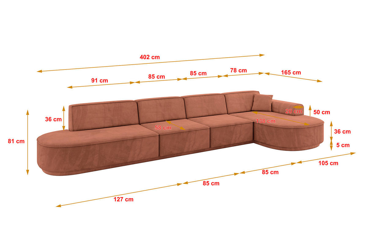ECKSOFA Ottomane Rechts MARI-L3-v3 - 402x163x81 cm Koralle Velours - Koralle/Schwarz, Holzwerkstoff/Kunststoff (402/163cm) - ALTDECOR