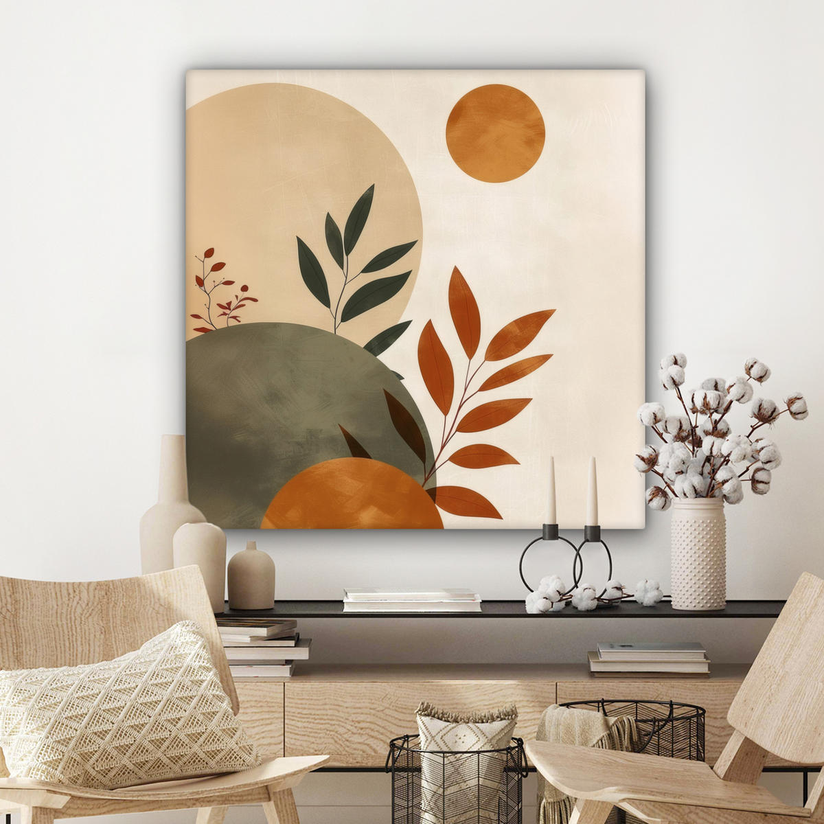 LEINWANDBILD Formen - Rund - Blätter - Beige 90x90 cm - Rostfarben, Textil (90/90cm) - MuchoWow