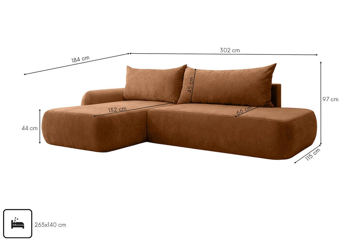 ECKSOFA Mit Schlaffunktion Und Bettkasten, Velvet-Stoff Vena, Honigfarbe, Links, HELA I - Honig, Holz (302/184cm) - Kaiser Möbel
