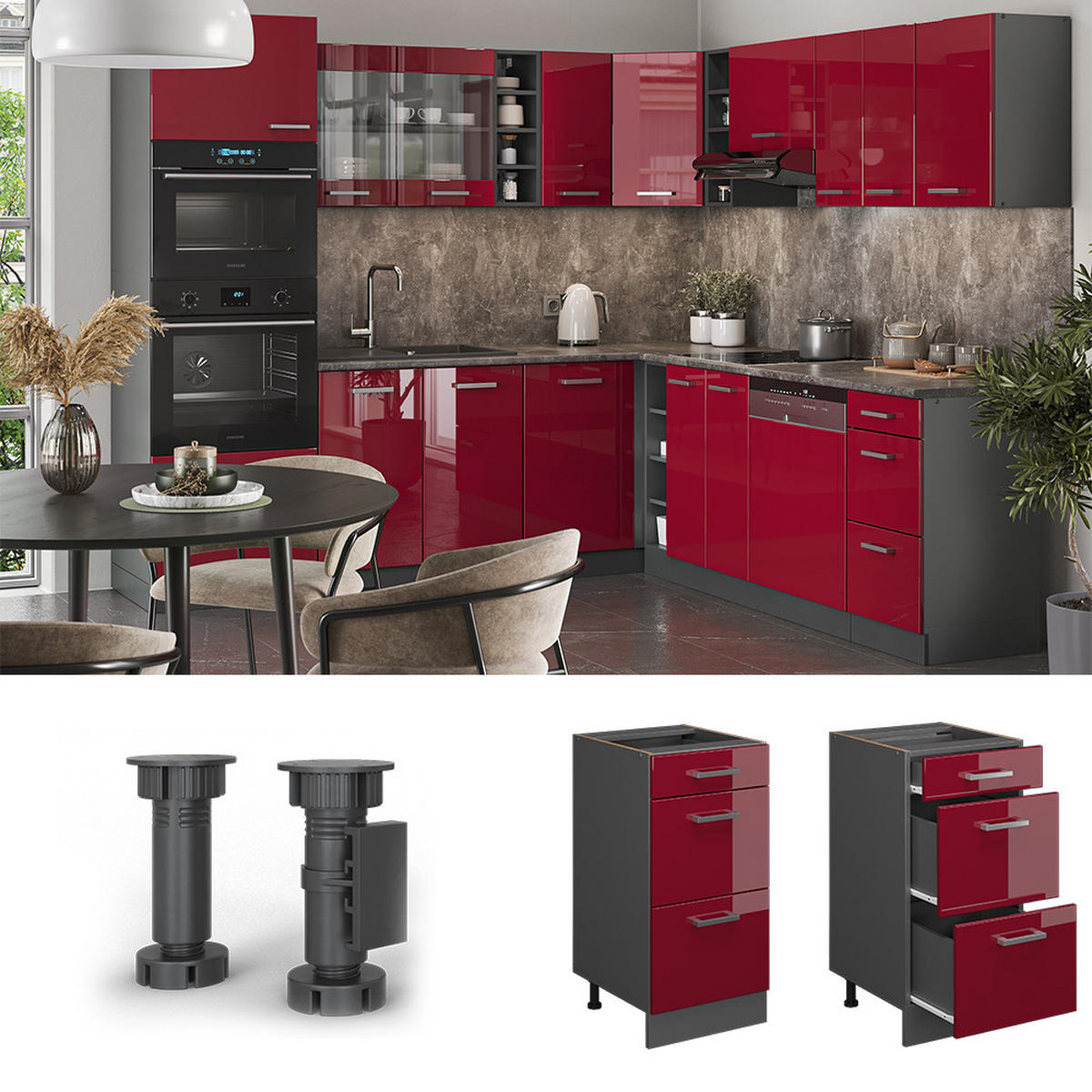 KÜCHENUNTERSCHRANK R-Line Rot Hochglanz 40 cm mit Schubladen, AP Anthrazit - Anthrazit/Rot, Holzwerkstoff (40/81.6/60cm) - Vicco