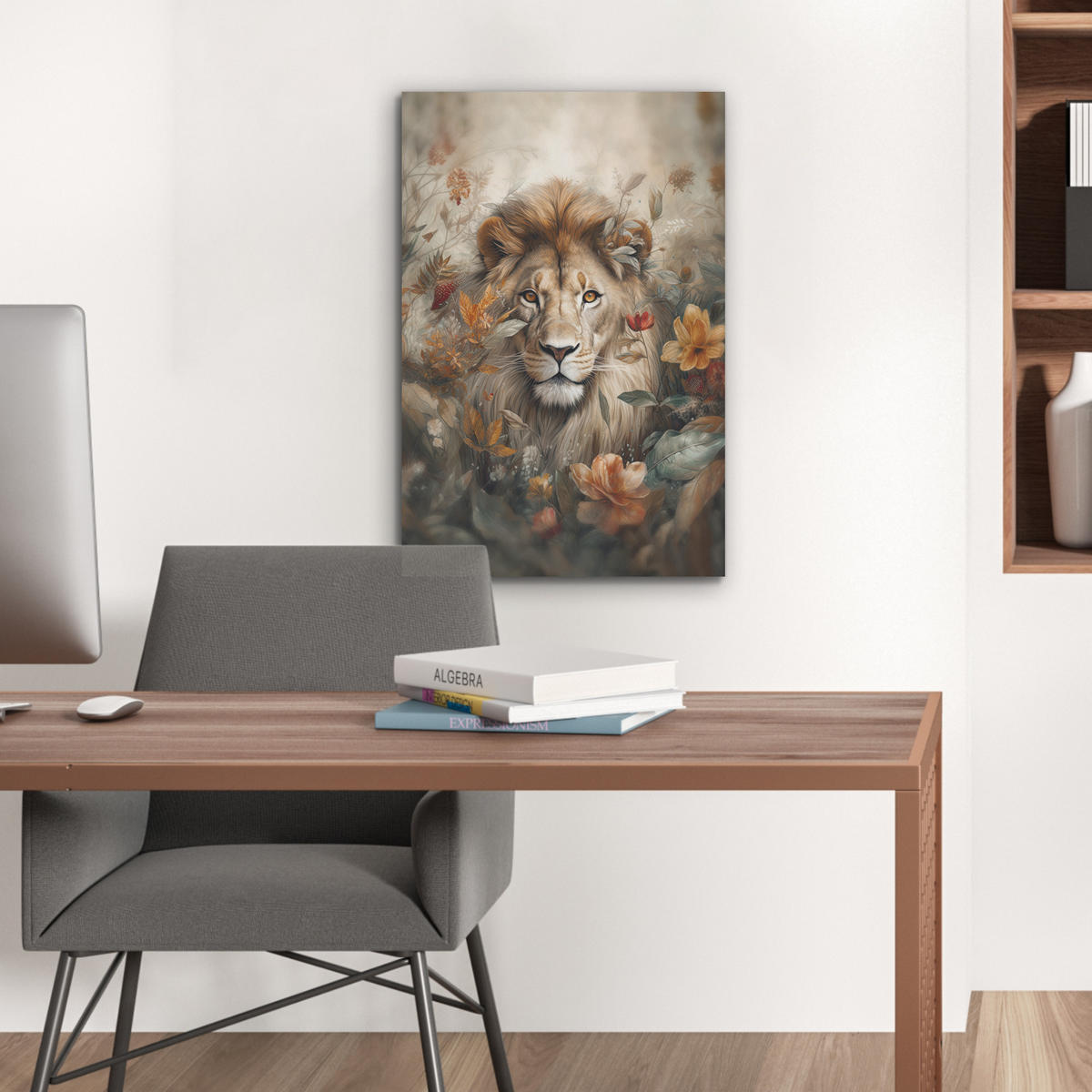 AKUSTIKBILD Löwe - Wildtiere - Pflanzen - Natur - Blumen Kunstdruck Schlafzimmer 50x70 cm - Beige, Kunststoff (50/70/0.9cm) - MuchoWow