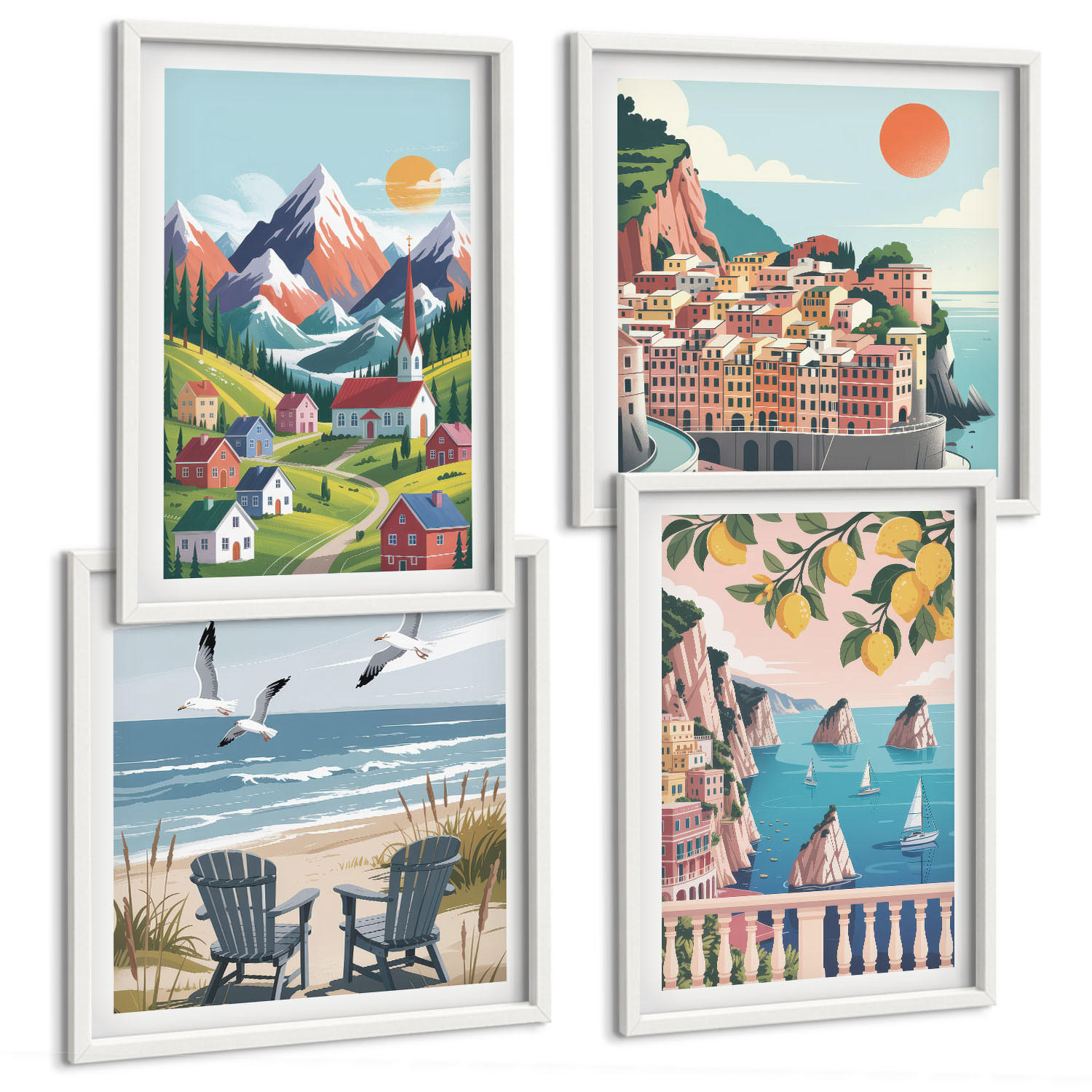 BILDER SET 4er Set - 50x50 cm & 40x60 cm Weißer Rahmen - Farbenfrohe Berge und Küstenstädte - Weiß, Kunststoff (50/50cm) - TULUP