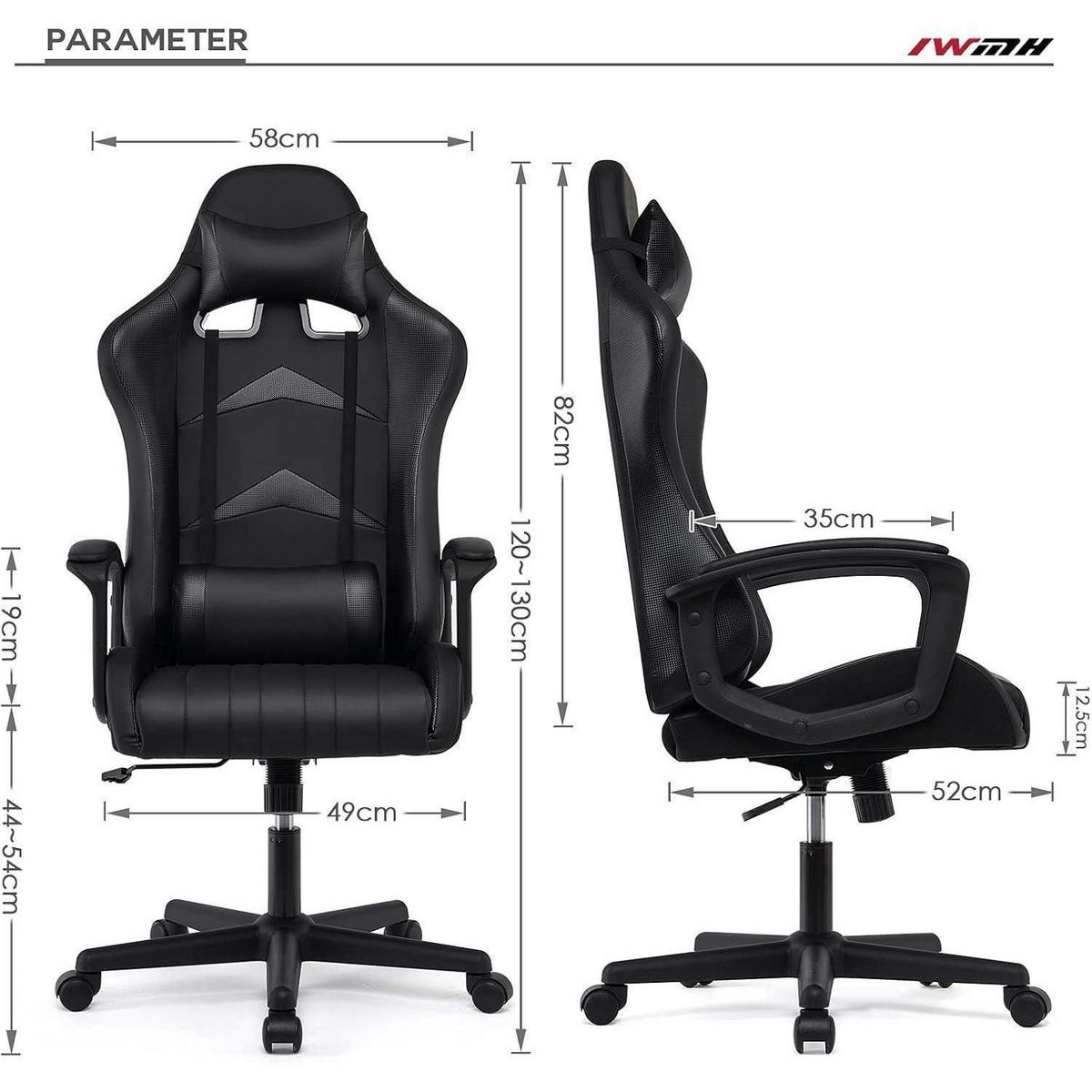 GAMING Stuhl mit Kopf- und Lendenkissen Schwarz 52 x 49 x 130 cm - Schwarz, Kunststoff (49/130/52cm)