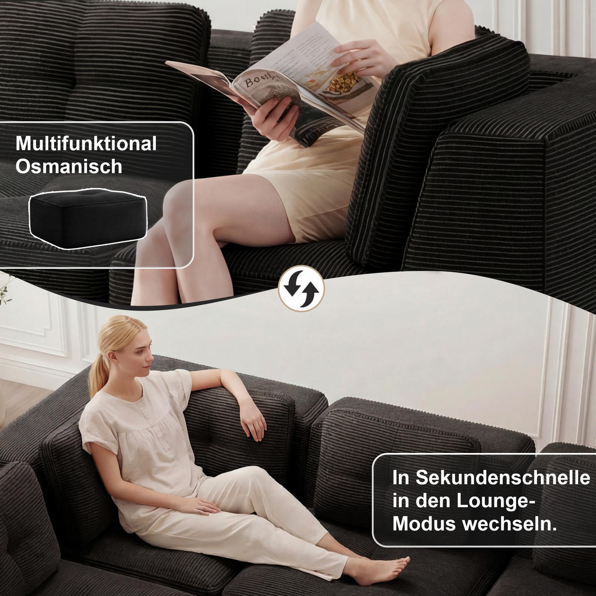 4-SITZER ECKSOFA Cord Schwarz mit Kissen und Hocker - Schwarz, Textil (386/177cm) - WISHDOR
