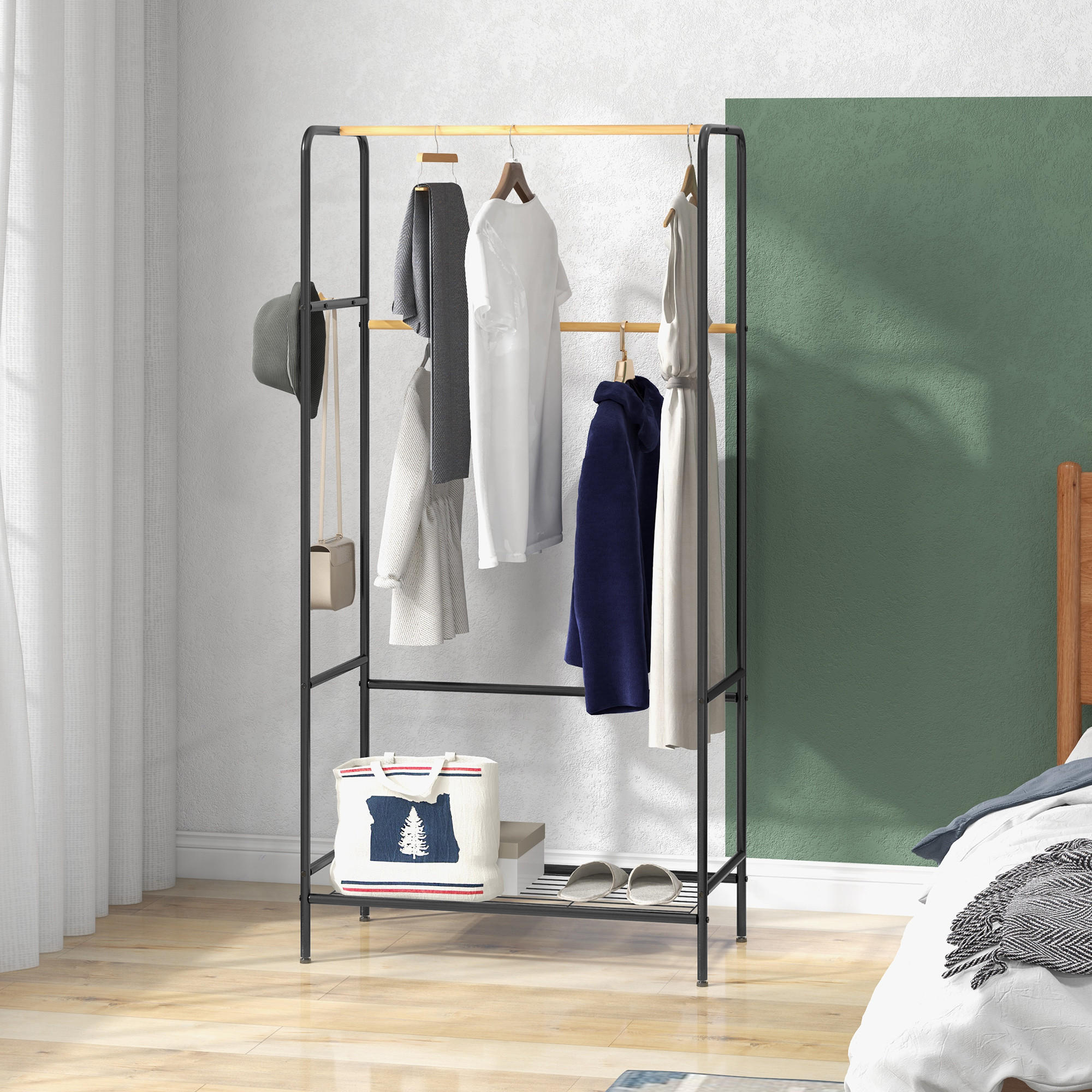 KLEIDERSTÄNDER, Garderobenständer mit 2 Kleiderstangen und Ablage, Bambus, Schwarz - Schwarz, Metall (40.5/162.5/80.5cm) - HOMCOM