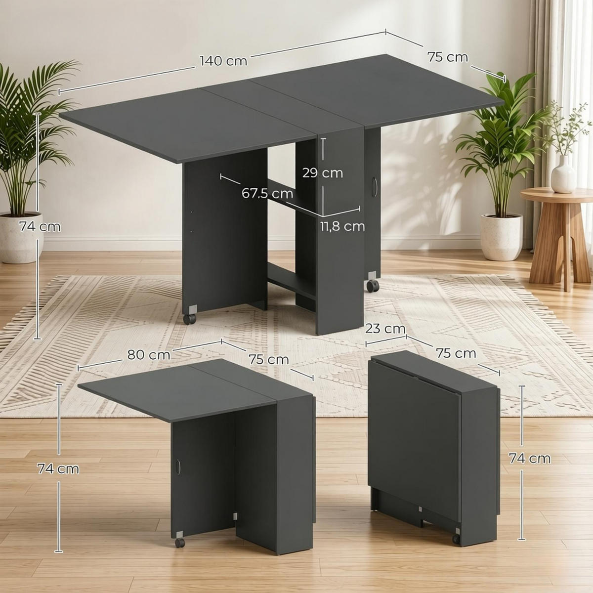 KLAPPTISCH 75-140/75/74 cm mit Rollen DE-39948 Schwarz - Schwarz, Holzwerkstoff (75/140/74cm) - ComfortXL
