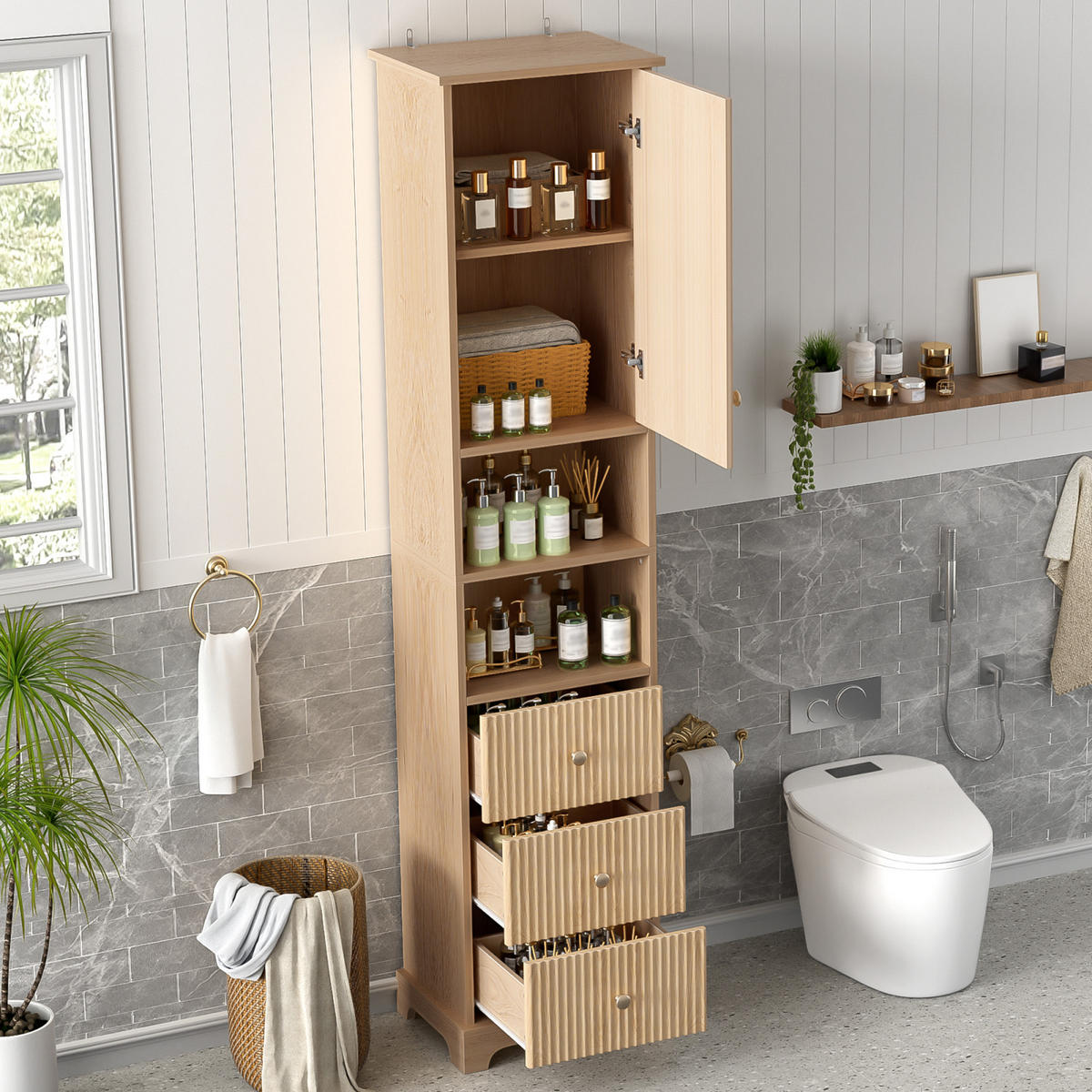 BADEZIMMER Hochschrank mit vertikalem Streifenmuster, Schubladen, offene Regalböden, Naturholzfarbe - Naturfarben, Holz (40/172/30cm) - PARAFTA HOME