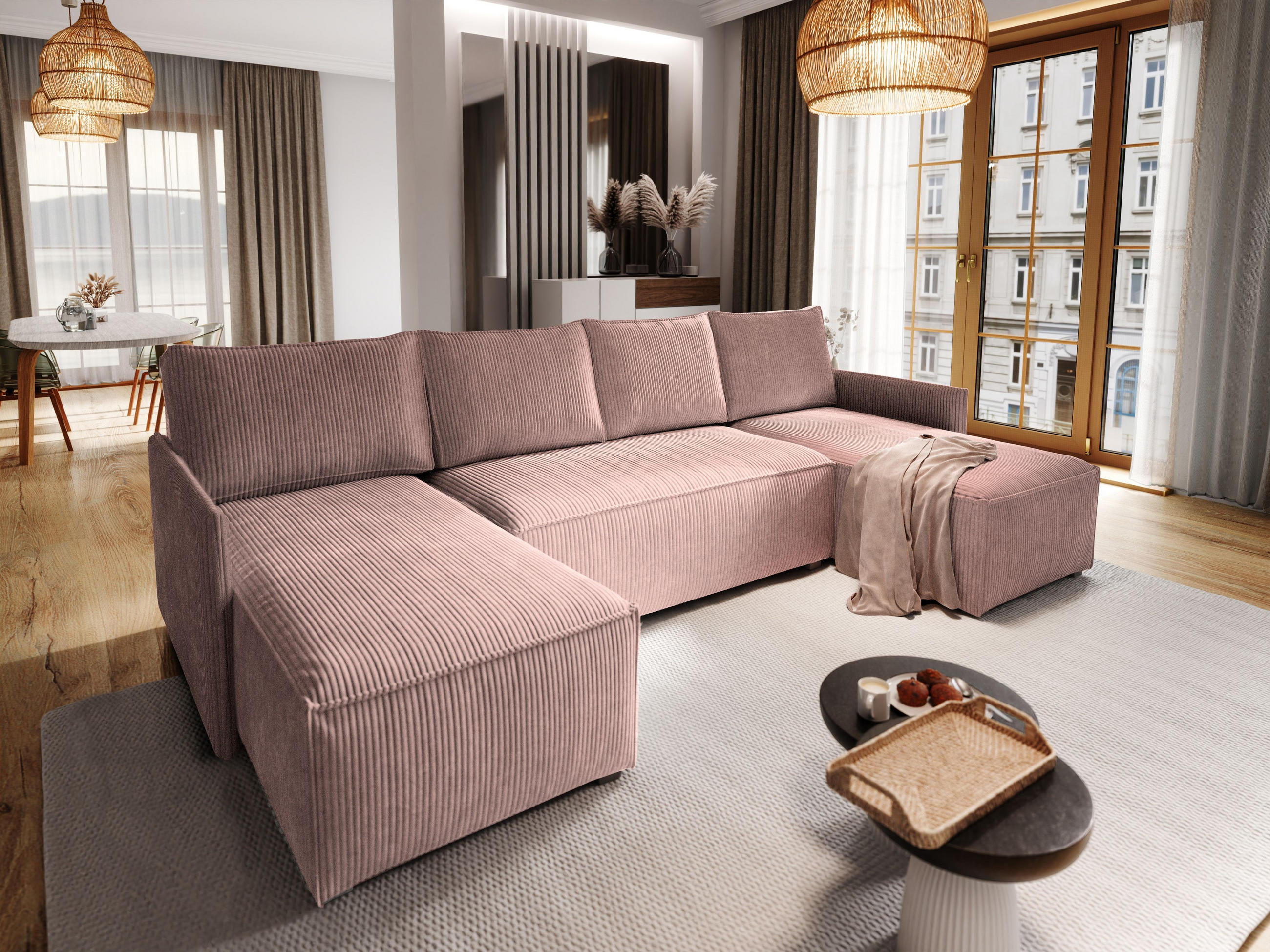 WOHNLANDSCHAFT TRES Lila Kordstoff mit Schlaffunktion - Lila, Holz (271/85/140cm) - MASSENO