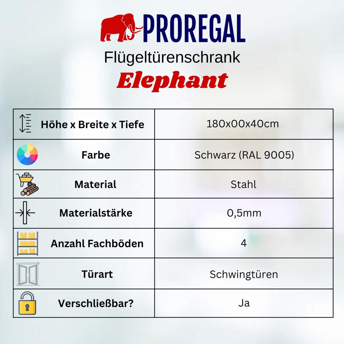 FLÜGELTÜRENSCHRANK Elephant 180x80x40cm 4 Ebenen Schwarz - Schwarz, Metall (80/180/40cm) - PROREGAL