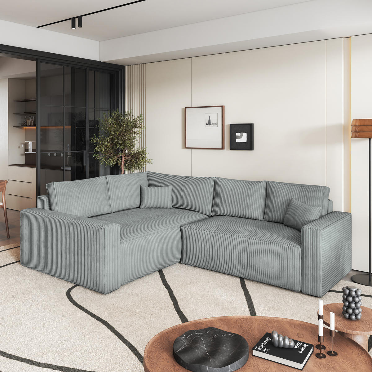 ROHOVÁ SEDAČKA ERONIS světle šedá - šedá/světle šedá, dřevo/textil (265/194cm) - MASSENO