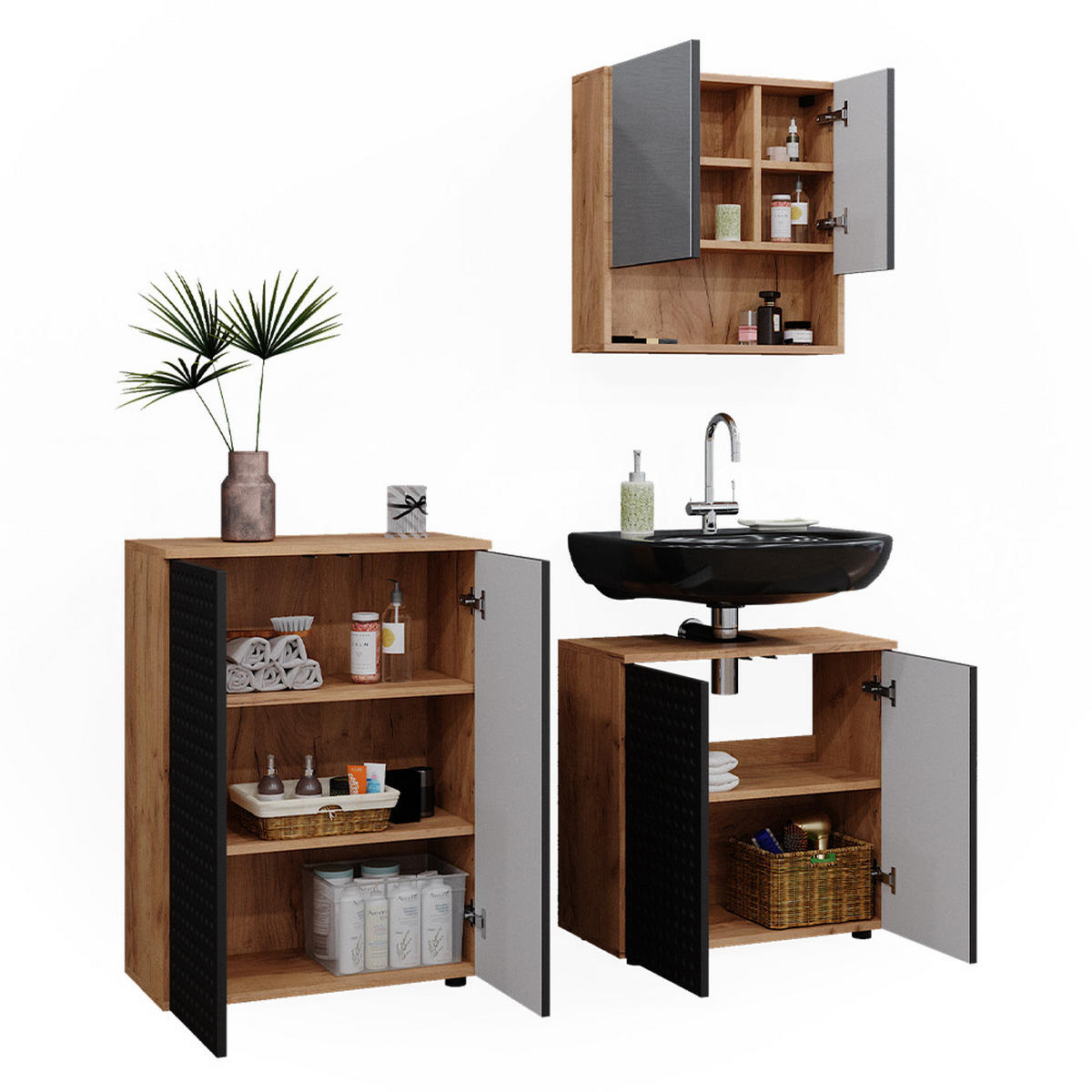 BADMÖBEL-SET Irma Anthrazit gepunktet 3 Teile, mit Unterschrank 60 cm - Anthrazit/Eiche Wotan, Holzwerkstoff (80/58.6/41cm) - Vicco