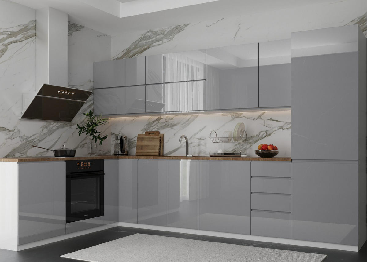 ECKKÜCHE 330/210 cm - Aspen K54-M330 in Grau/Hochglanz - Grau, Holz (330/212/210cm)