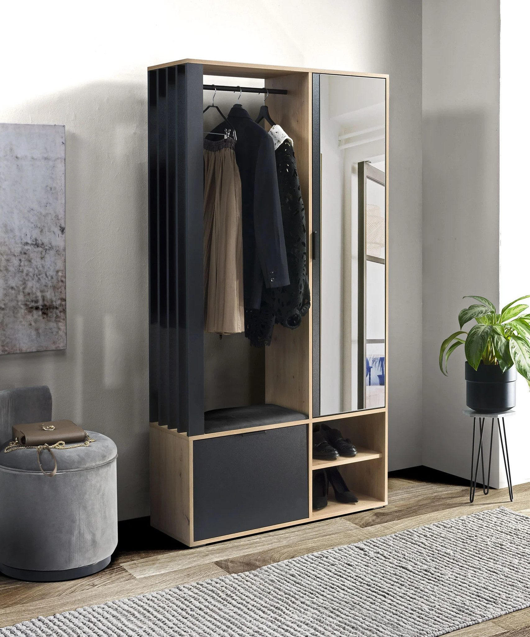 GARDEROBENSCHRANK Limo mit Spiegel und Sitzbank, Eiche Artisan+schwarz - Eiche Artisan, Holzwerkstoff (100/190/33cm) - Beautysofa