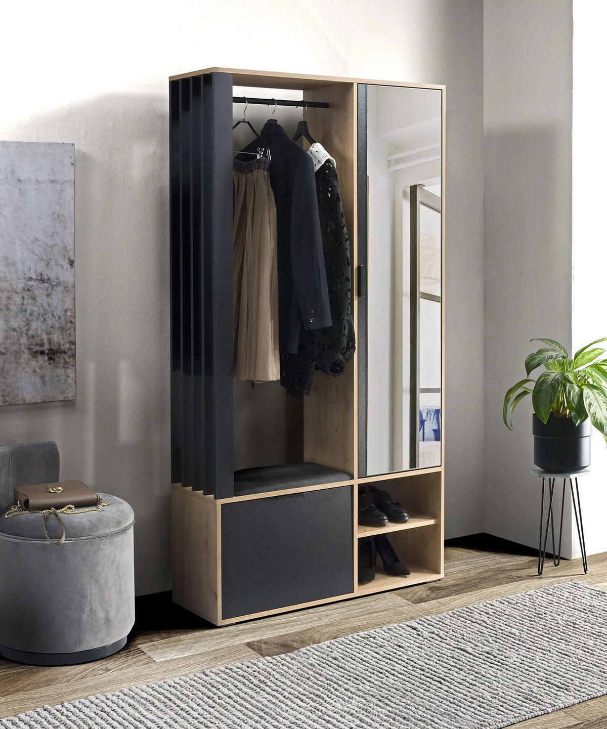GARDEROBENSCHRANK Limo mit Spiegel und Sitzbank, Eiche Artisan+schwarz - Eiche Artisan, Holzwerkstoff (100/190/33cm) - Beautysofa