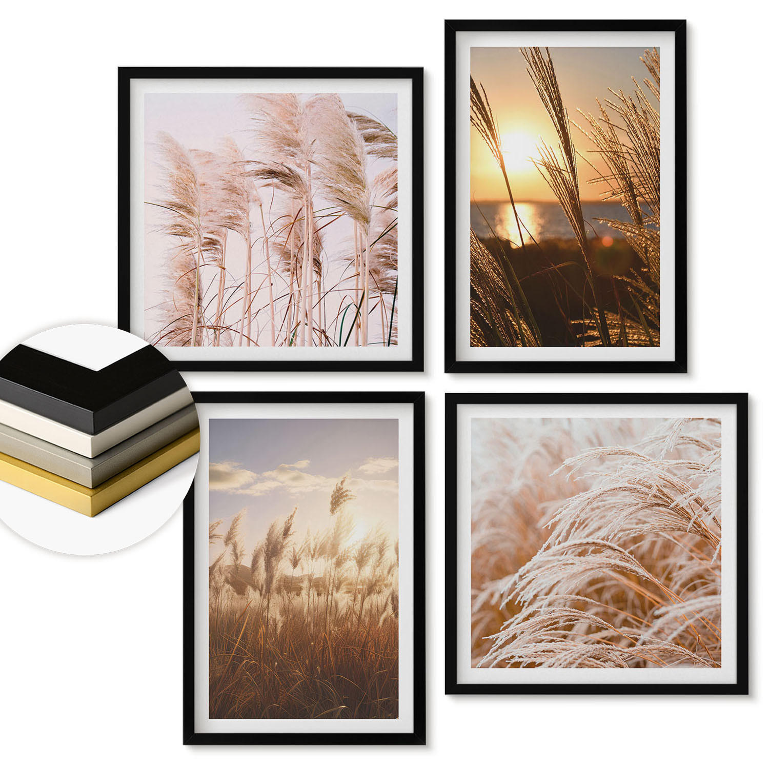 WANDBILDER 4er-Set - 50x50 cm & 40x60 cm Schwarzer Rahmen - Boho-Grasfeld-Sonnenuntergang - Schwarz, Kunststoff (50/50cm) - ArtPrintCave