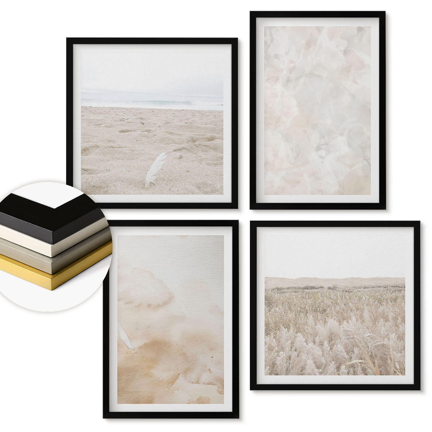 WANDBILDER 4er-Set - 50x50 cm & 40x60 cm Schwarzer Rahmen - Modische Pastelltexturen - Schwarz, Kunststoff (50/50cm) - ArtPrintCave