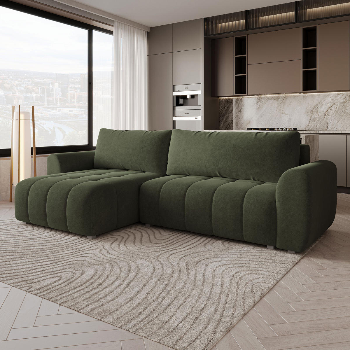 ECKSOFA MODARO CL Olivgrün Samtstoff mit Schlaffunktion - Olivgrün, Holzwerkstoff/Textil (285/148cm) - MASSENO