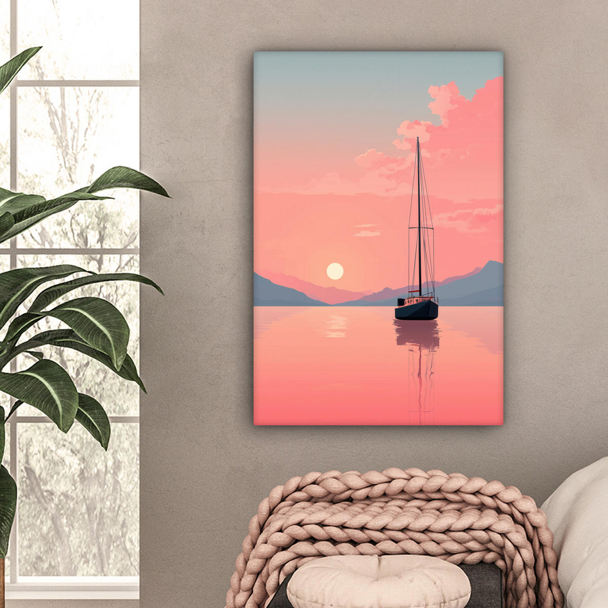 LEINWANDBILD Segelboot - Rosa Meer - Sonnenuntergang - Berge Wanddeko Schlafzimmer 60x90 cm - Rosa, Textil (60/90cm) - MuchoWow