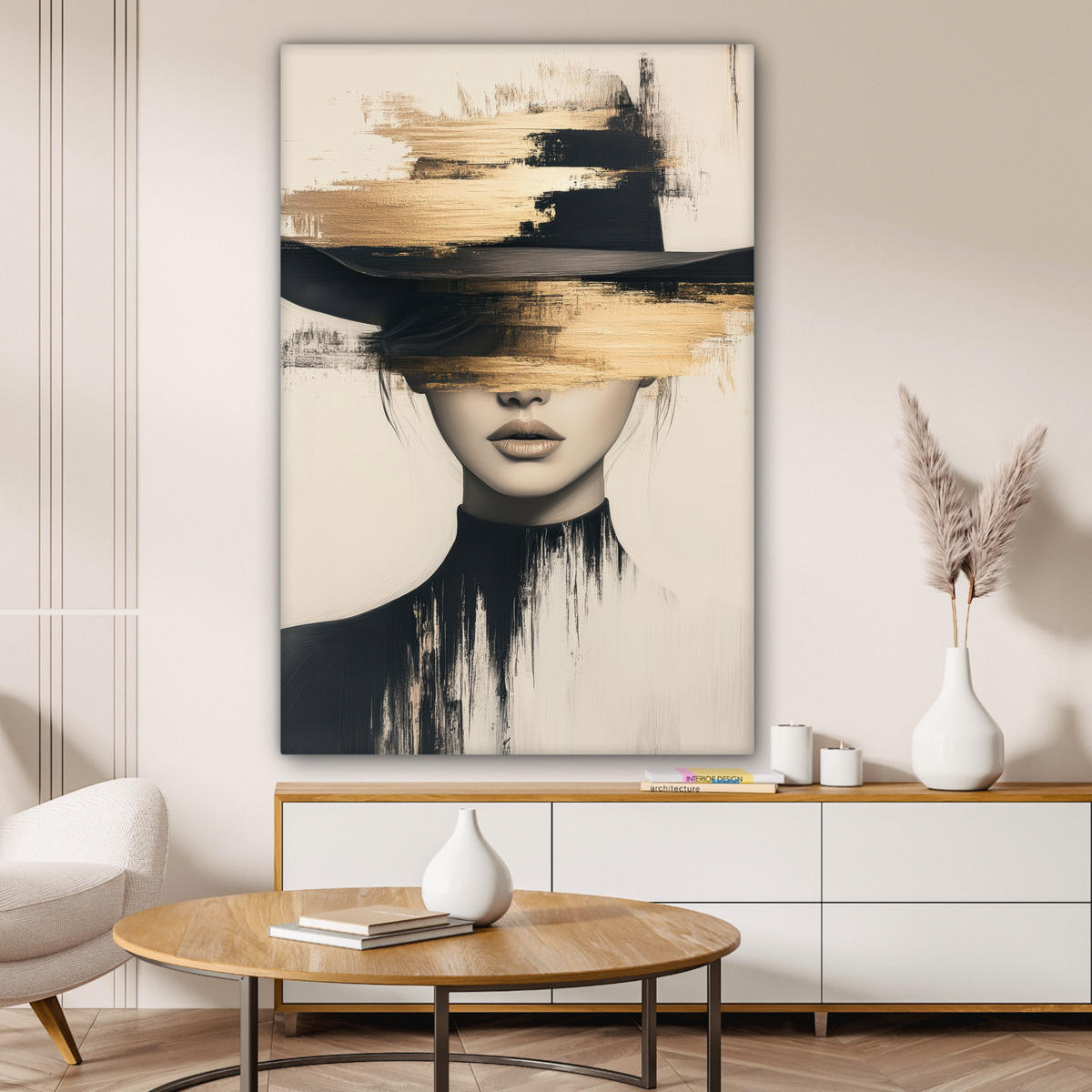 LEINWANDBILD Frau - Hut - Farbe 80x120 cm - Goldfarben, Textil (80/120cm) - MuchoWow