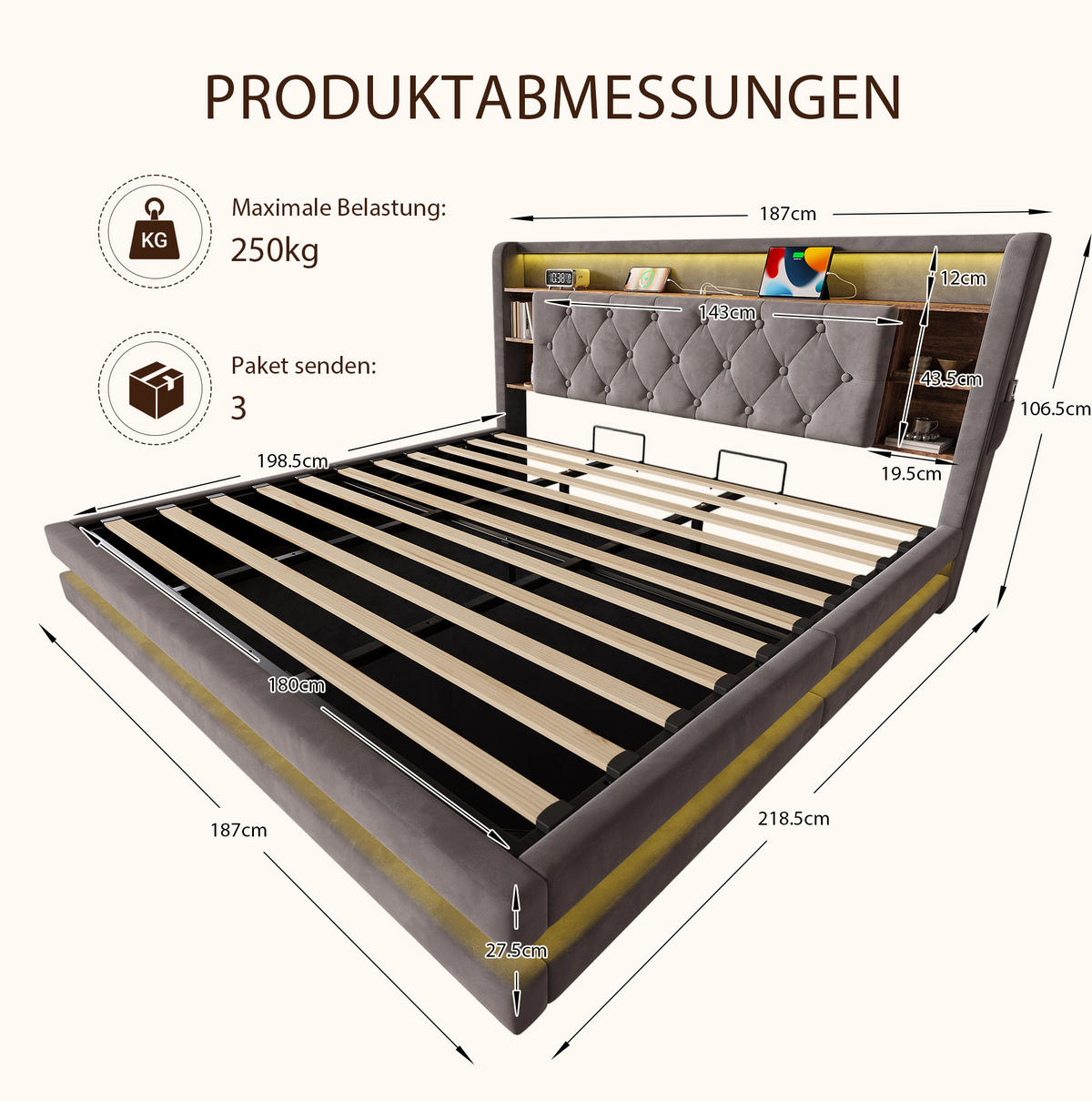 POLSTERBETT für 180x200 cm Matratzen in Dunkelgrau mit LED, Bettkasten und USB - Dunkelgrau, Textil (180/200cm) - IVMEU