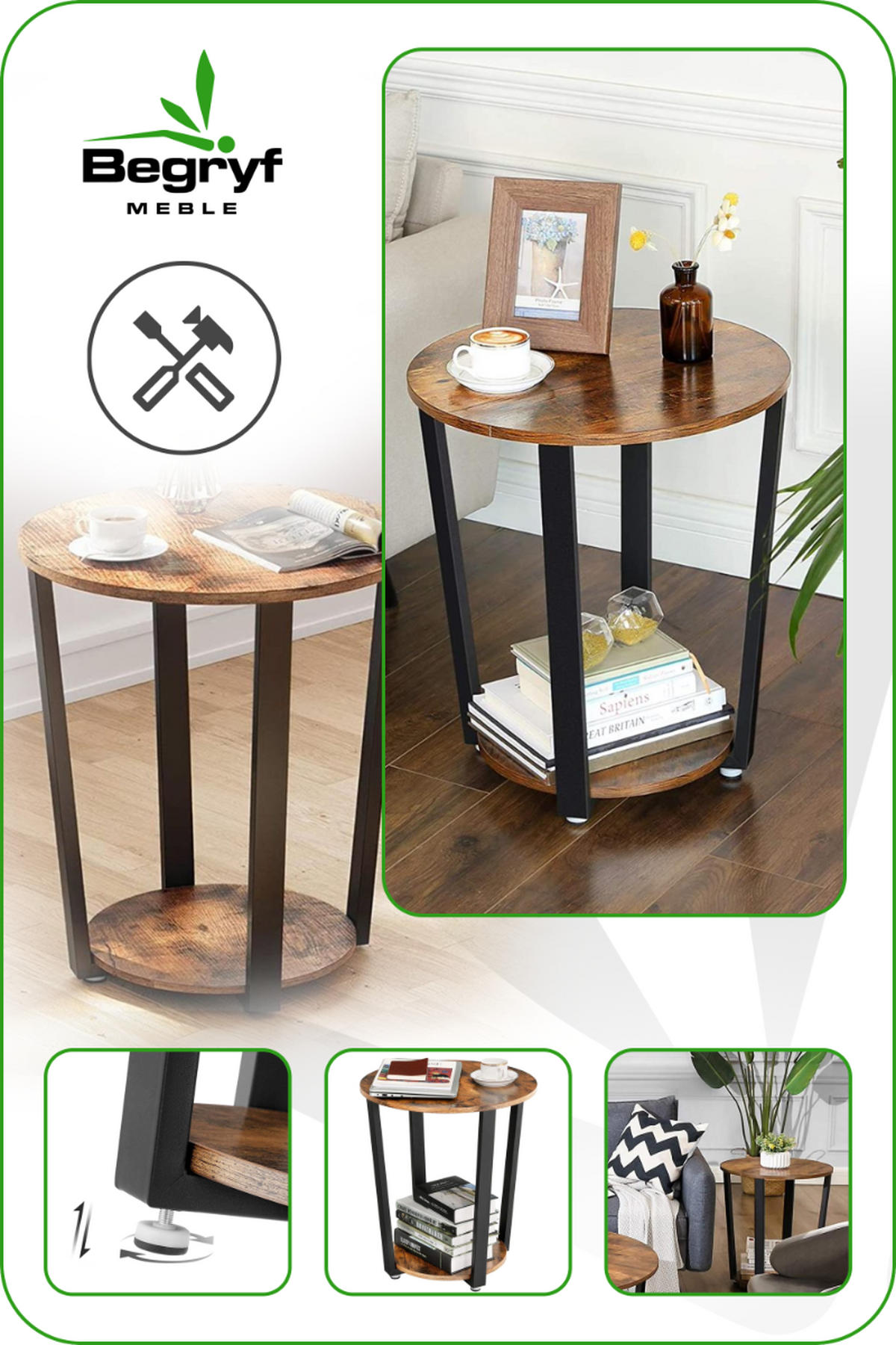 BEISTELLTISCH Holzoptik Metall Dunkelbraun Schwarz rund 2 Ebenen 50×57×35 cm - Dunkelbraun/Schwarz, Holzwerkstoff/Metall (50/50/57cm) - Begryf