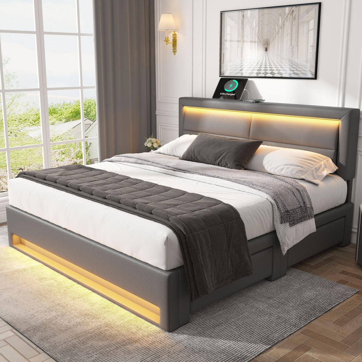 POLSTERBETT aus PU 140x190 cm Grau mit LED-Beleuchtung, USB-Anschluss, kabellosem Laden und 4 Schubladen - Grau, Kunststoff (140/190cm) - Modfu