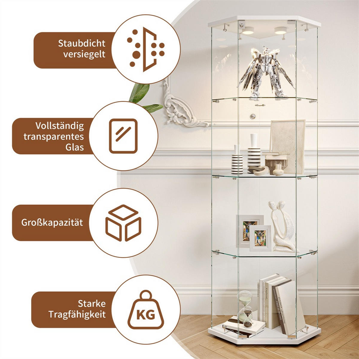 VITRINE mit LED Beleuchtung - Eckvitrine mit 4 Ebenen und 1 Tür - Glaskvitrine mit Schloss - Weiß - Weiß, Glas (60/162/42.5cm) - DELFA