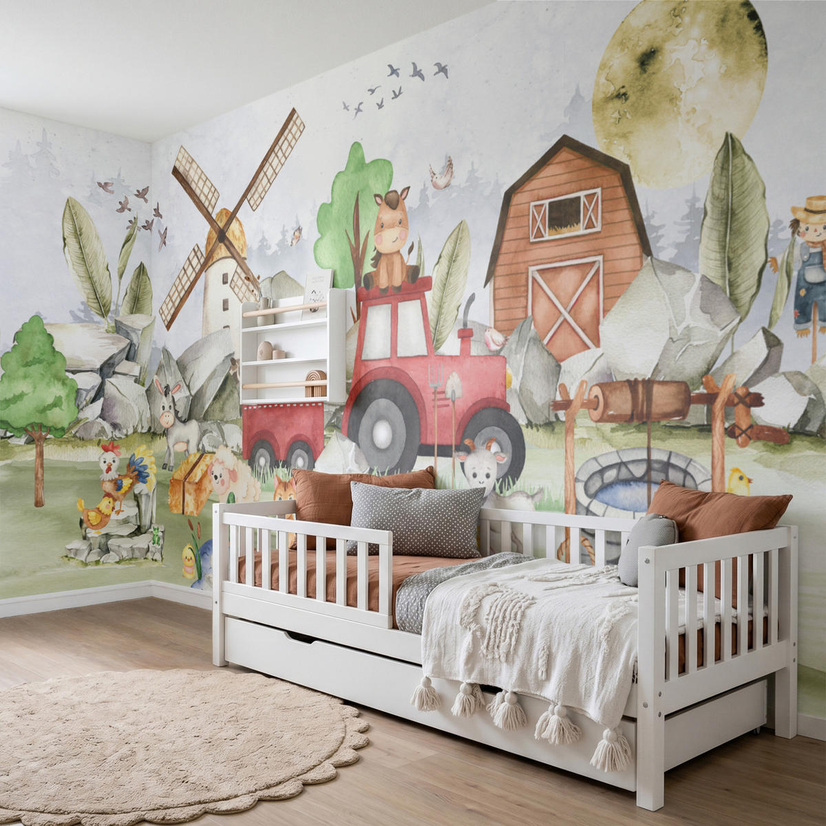 KINDERTAPETE - Bauernhof - Traktor - Kinder - Tiere - 500x260 cm - Weiß, Papier (500/260cm) - OnlyWow