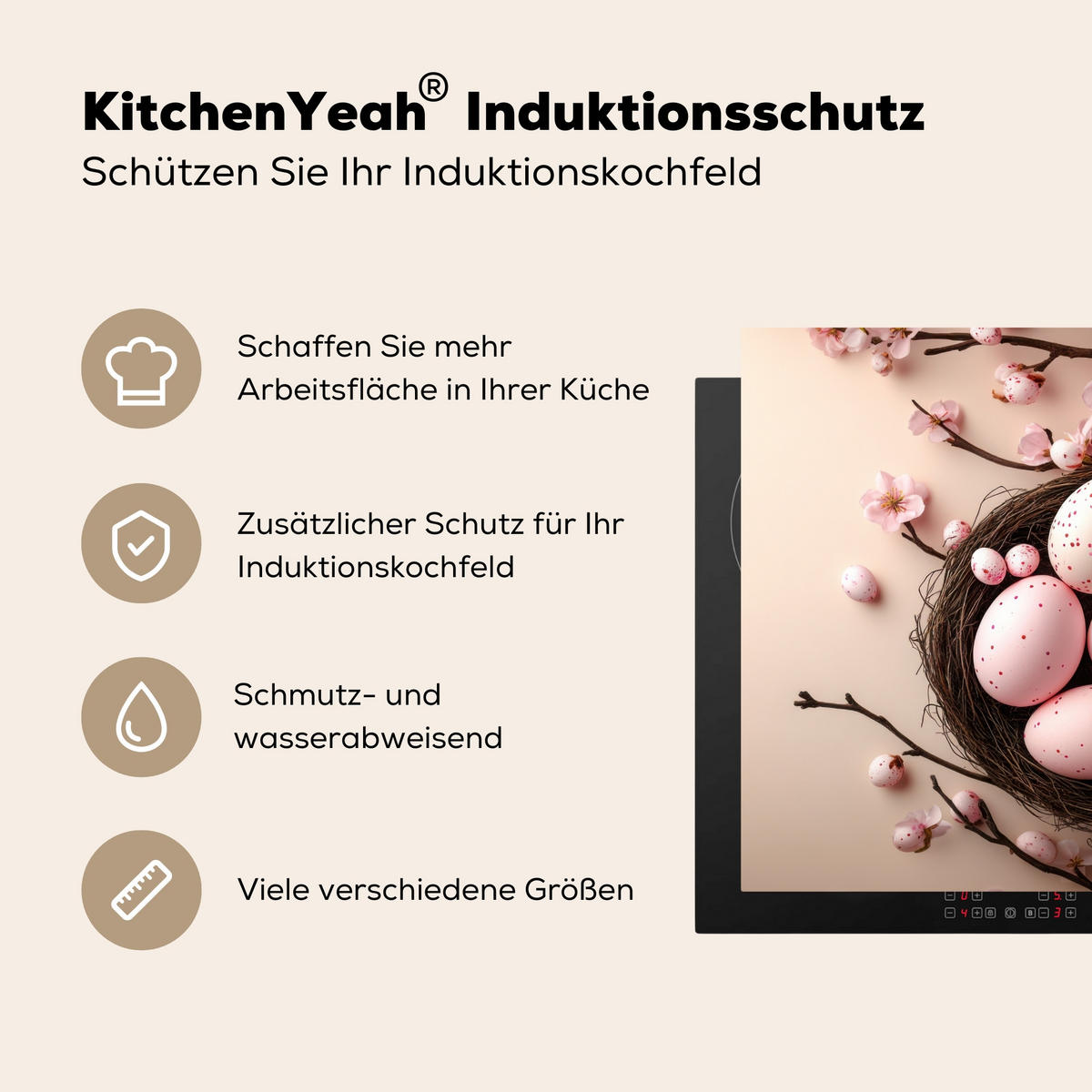 HERDABDECKPLATTE Rosa - Blüten - Eier Induktionsmatte 78x78 cm - Hellrosa, Kunststoff (78/78/0.2cm) - MuchoWow