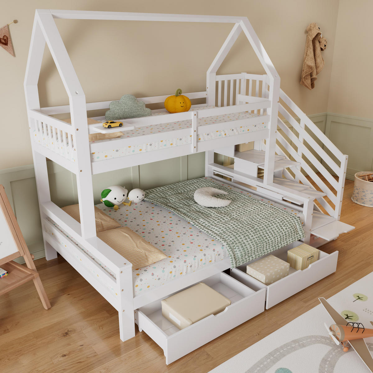 ETAGENBETT Kinderbett mit Treppenschrank, 2 Schubladen, Weiß, 90/200 cm & 140/200 cm - Weiß, Holz (140/200cm) - MIVRAY