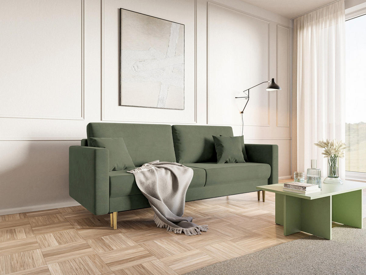 SCHLAFSOFA Valico Salbeigrün hydrophober Samt - Salbeigrün/Goldfarben, Textil/Metall (230/90/97cm) - Selsey