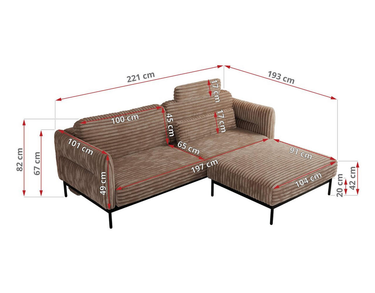 SCHLAFSOFA SALENTO Braun Cord - Schwarz/Braun, Textil/Metall (221/82/193cm) - MKS