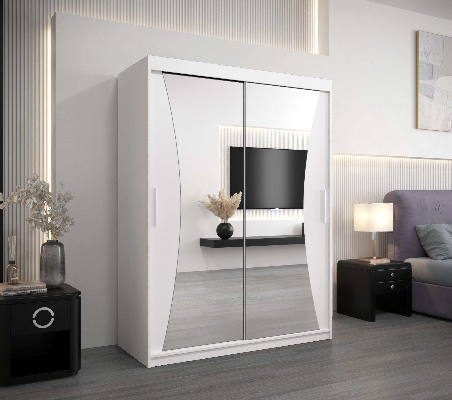 SCHWEBETÜRENSCHRANK 200/150/62 2-türig - Silberfarben/Weiß, Holz/Kunststoff (150/200/62cm) - Abiks Möbel