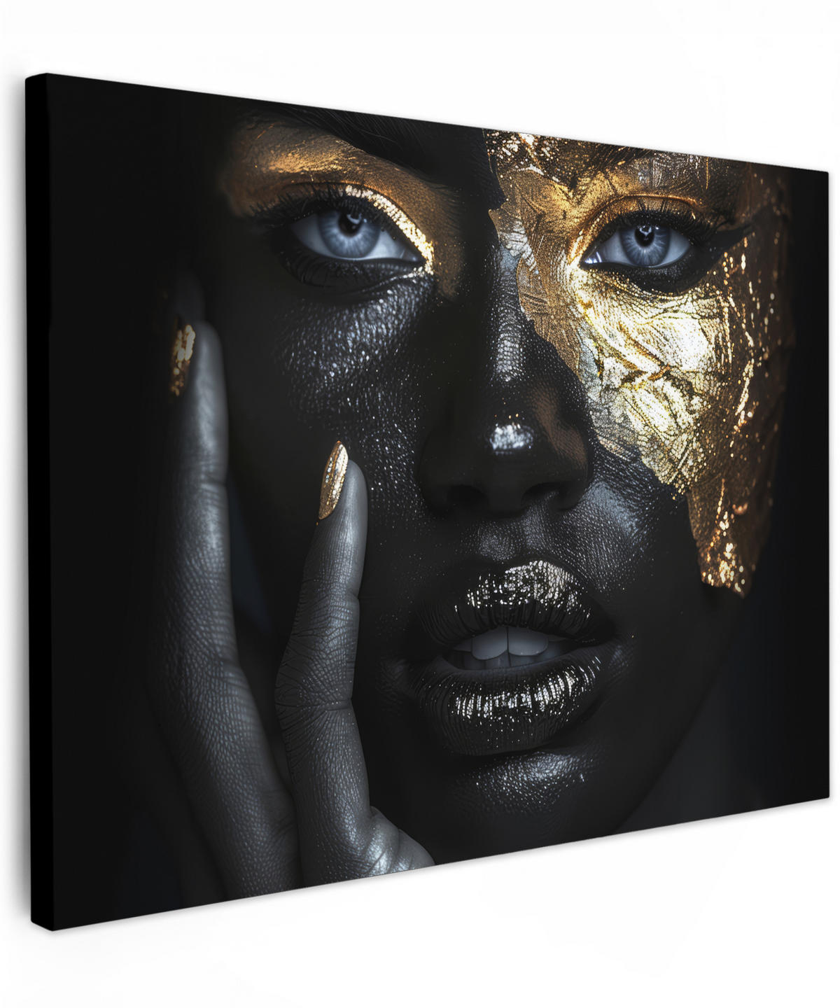 LEINWANDBILD Frau - Gold - Porträt - Schwarz-Weiß - Luxus Wandbilder 80x60 cm - Hellblau, Textil (80/60cm) - MuchoWow