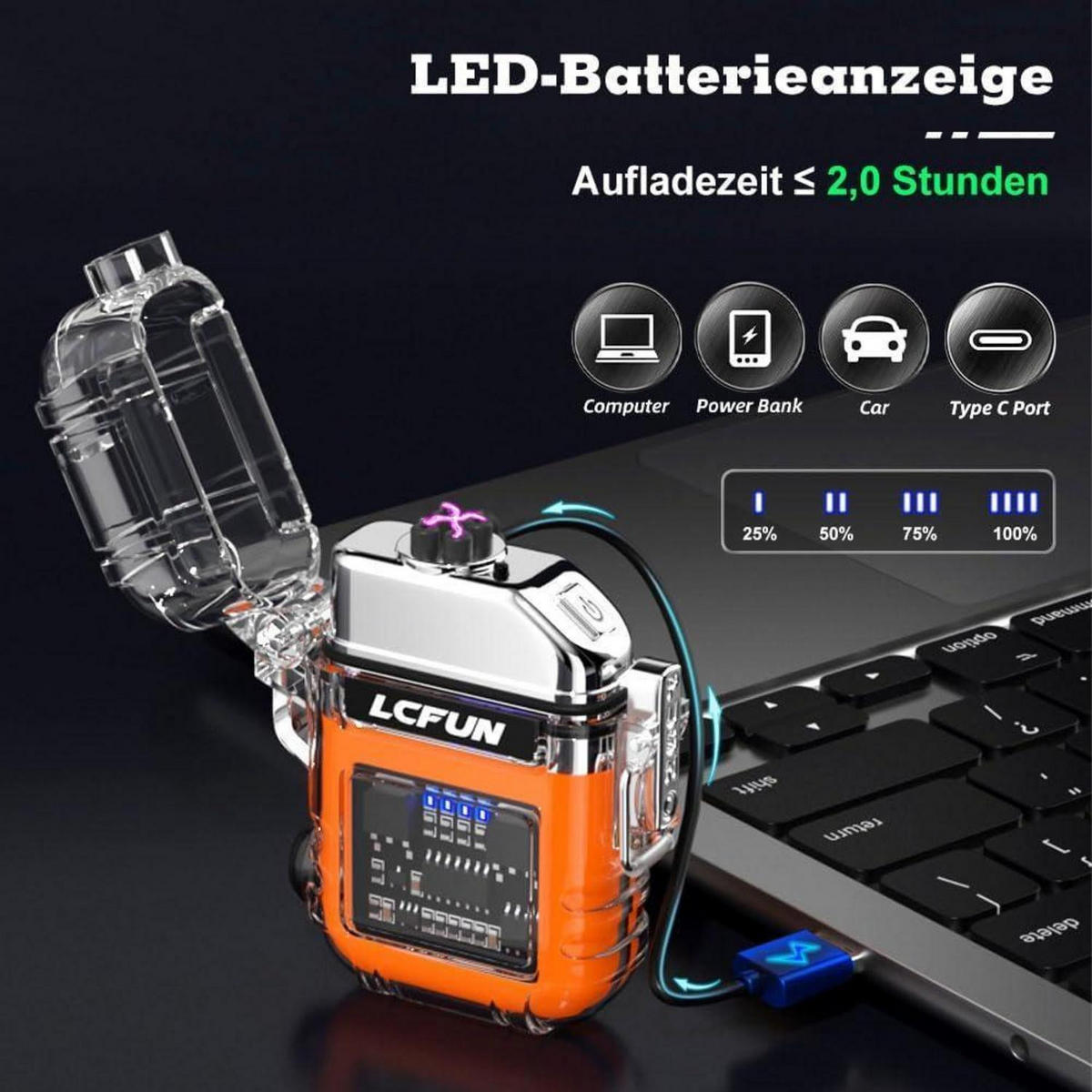 FEUERZEUG Elektrisch USB Aufladbar Wasserdicht Winddicht mit Taschenlampe Orange - Multicolor, Kunststoff (4/1.8/6.2cm)