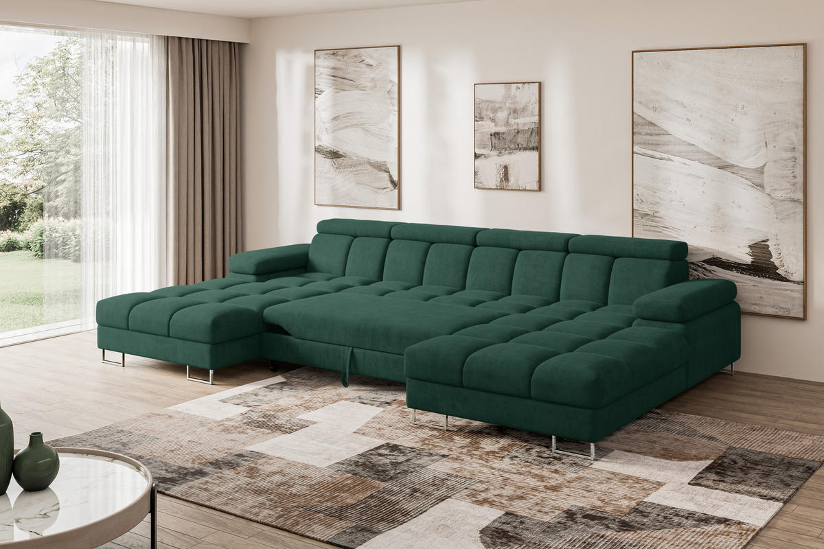 WOHNLANDSCHAFT mit Schlaffunktion und Bettkasten COMA U2 345x203x79 Grün Velours - Grün, Holzwerkstoff/Textil (345/79/203cm) - ALTDECOR