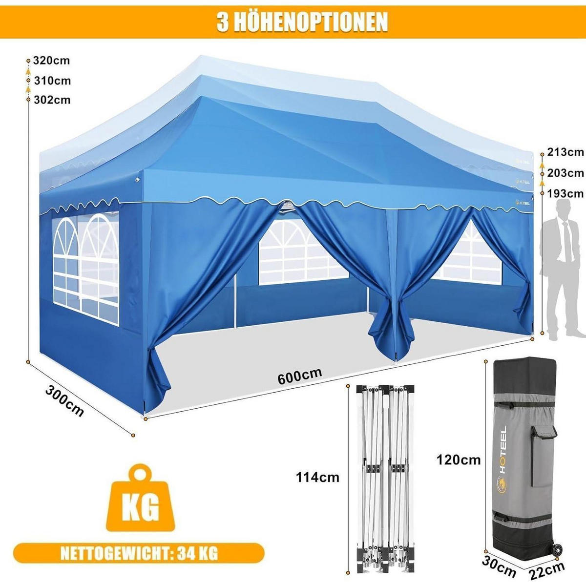 FALTPAVILLON 3x6m Blau mit 6 Seitenwänden - Blau, Textil (300/320/600cm)