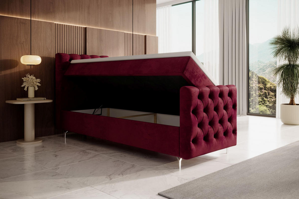 BOXBETT CHESTER PLUS mit Matratze H3, Bonell und Topper 80x200 Monolith 59 Links - Rot, Textil (80/200cm) - Bedante