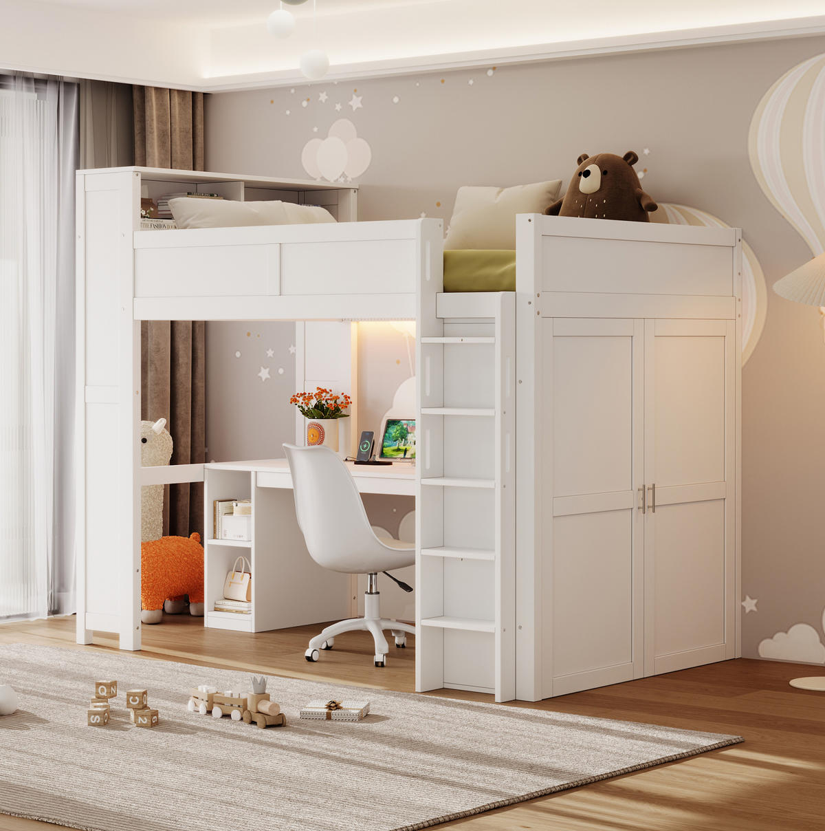 HOCHBETT aus Kiefernholz 90x200 cm Weiß mit Schreibtisch, Kleiderschrank, LED-Beleuchtung und USB-Anschluss - Weiß, Holzwerkstoff (90/200cm) - Modfu