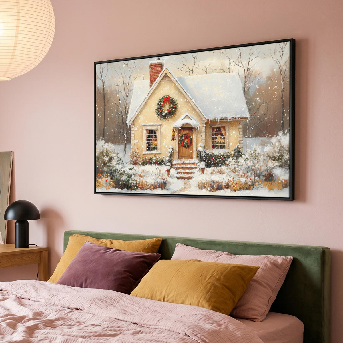 LEINWAND Bilder mit Rahmen - Weihnachten - Zuhause - Winter - Schnee - 140x90 - Creme, Textil (140/90cm) - MuchoWow