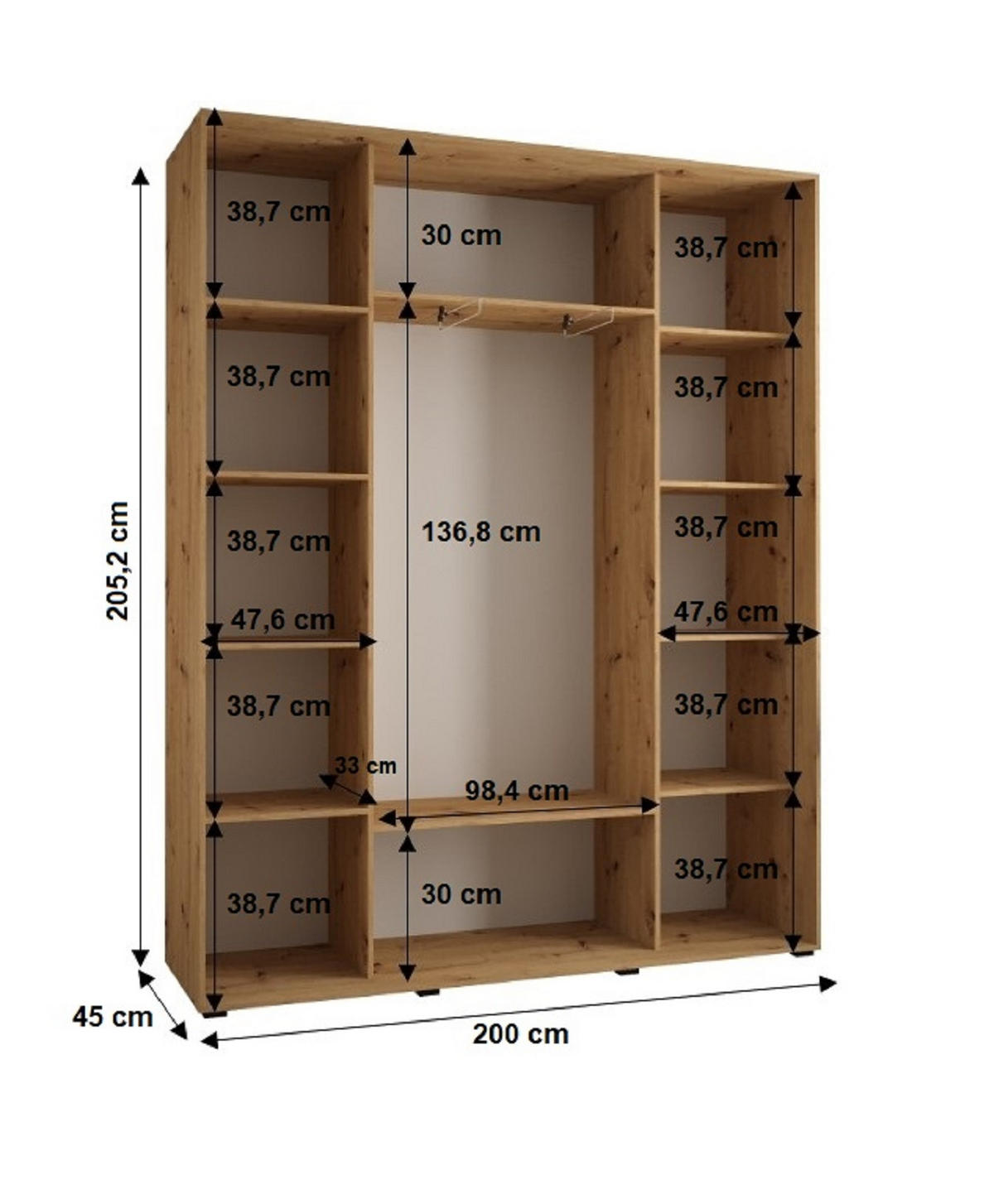 SCHWEBETÜRENSCHRANK 205,2/200/45 3-türig - Schwarz/Eiche Artisan, Holz/Metall (200/205.2/45cm) - Abiks Möbel