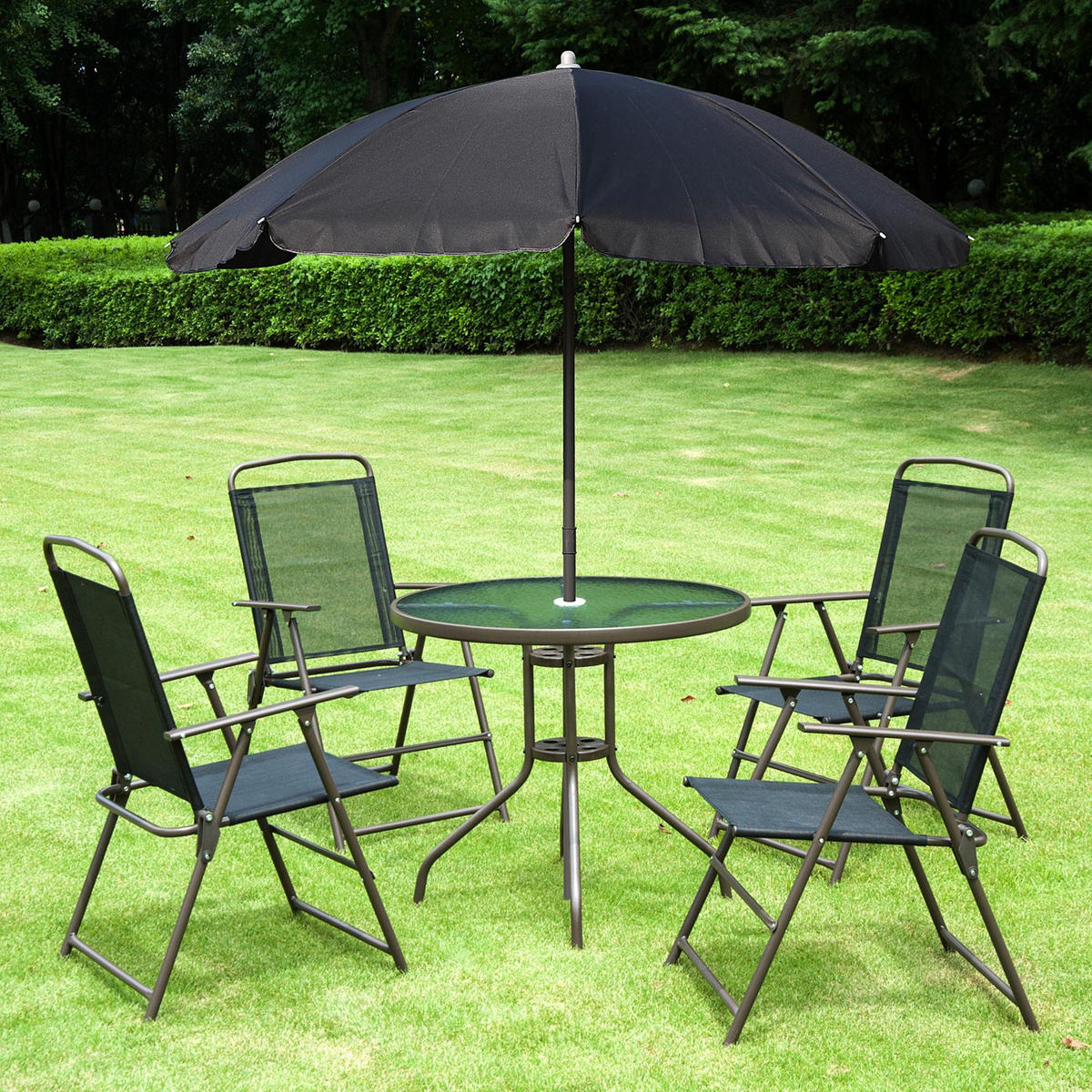 BALKONSET DE-18108 runder Tisch, 4 Klappstühle und Schirm Schwarz - Schwarz, Metall - ComfortXL