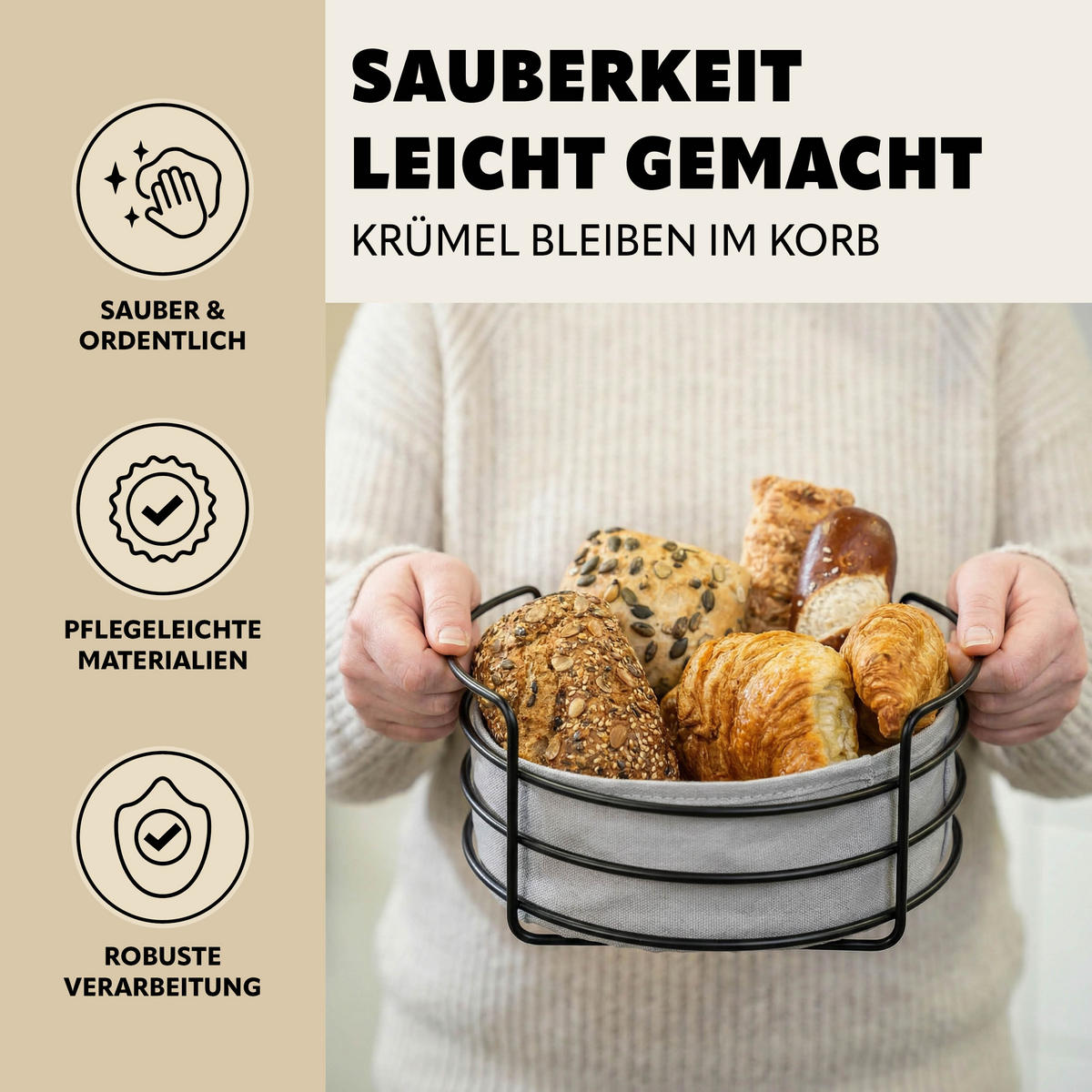BROTKORB mit abnehmbarem Bezug, rund, schwarz, Metall - Schwarz, Metall (30/11cm) - eluno